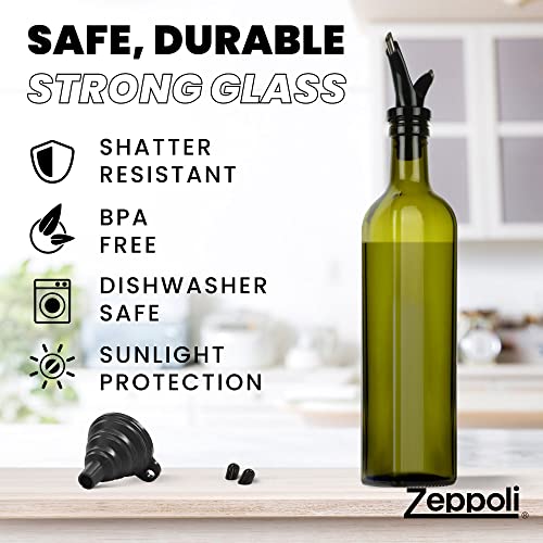 Zeppoli Olive Oil Dispenser Bottle Set 17 Oz - Stainless Steel Rack 2 Pack - Oil & Vinegar Glass Bottles Dispenser Set - 4 Removable Dual Spout, Pouring Funnel - Cruet For Kitchen (Green) #TOP3