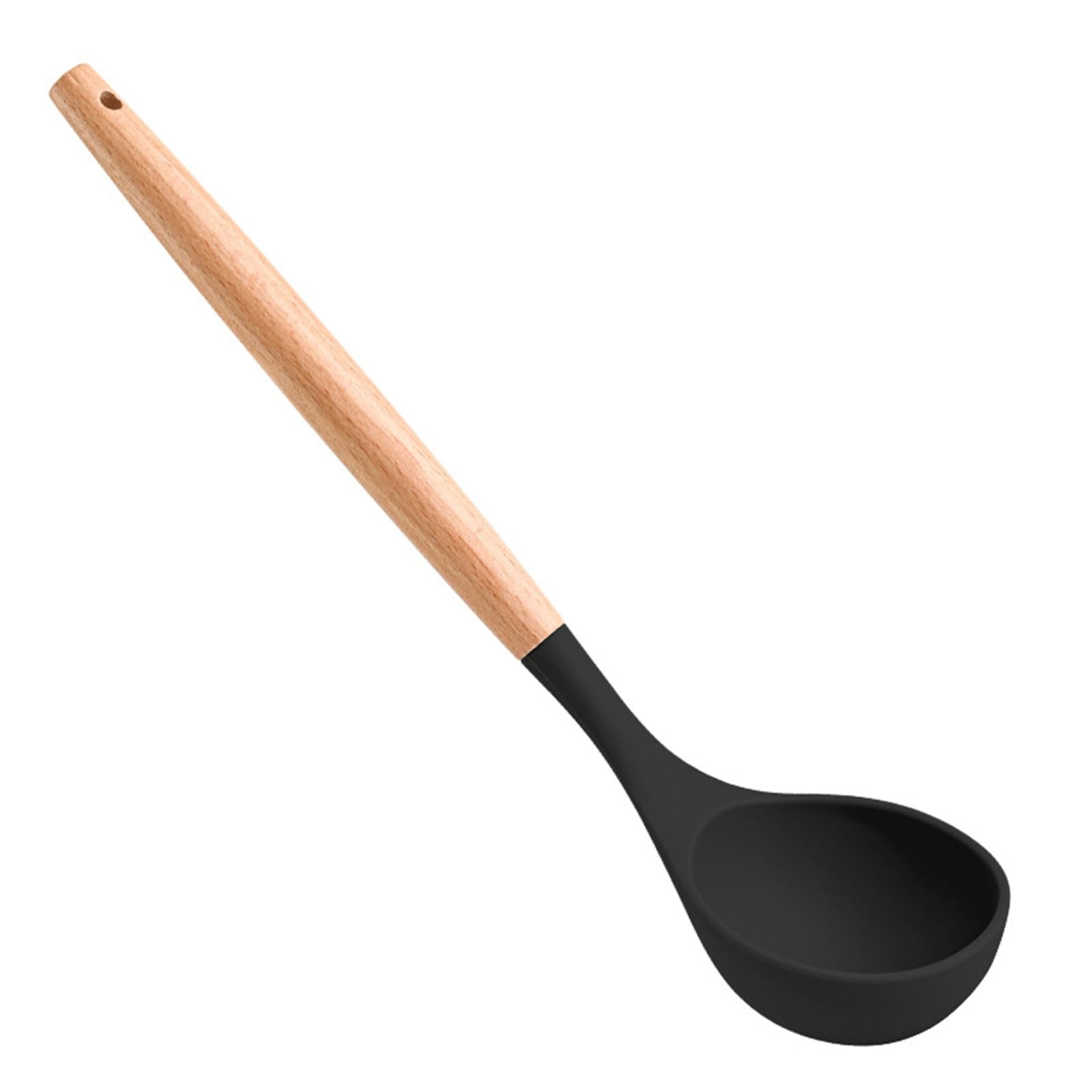 Cuchara de cocina, Cuchara de sopa con mango madera, cucharas largas silicona for el hogar, for cocinar en la cocina(Noir)