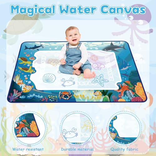 Image of Magic Water Doodle Mat for Kids, Reusable Cartoon Toddler Alphabet Practicing Writing Board with Water-Based Pens, Templates, Guiding Book, Shape Models (60 * 40cm Deep-Sea Animals)