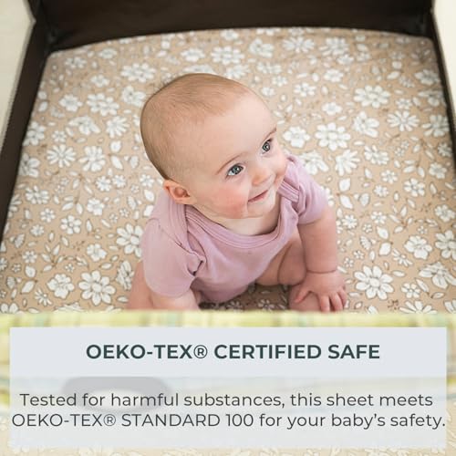Image of Pobibaby 2 Pack Pack N Play Sheets for Girls - Premium Cotton Blend Fitted Playard Sheet, Soft Breathable Mini Crib Sheets Girl, Playpen Mattress Cover for Standard Travel Playards 38x26 (Meadow)