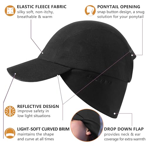 Gadiemkensd Winter Running Hats Reflective Fleece Ponytail Hat For Women Baseball Caps With Earflap Drop Down Ear Warmer Mens Skull Cap Beanie With Visor Cold Hat For Outdoor Hiking Snow Ski Black thumb #1