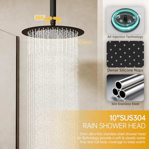 Image of BESy Shower Faucet Fixtures Set for Bathroom, 10 & 6 In Round Dual Rain Shower Head, Ceiling & Wall Mounted Rainfall Shower System, Push Button Diverter Shower Valve with 2 in 1 Handheld, Matte Black