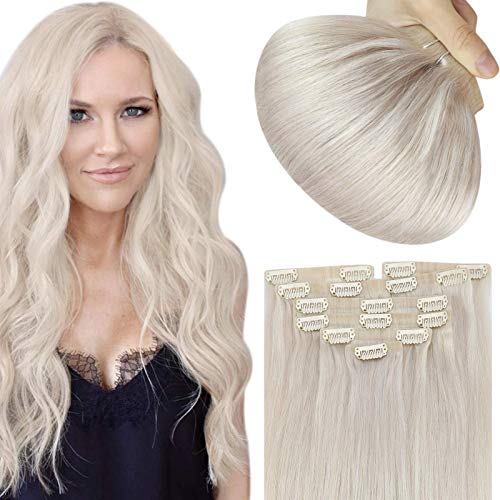 Sunny Clip in PU Hair Extensions Platinum Blonde Real Human Hair Clip in Extensions Straight Thick Blonde Clip in Hair Extensions Seamless Natural Hair 7pcs 20inch 130g