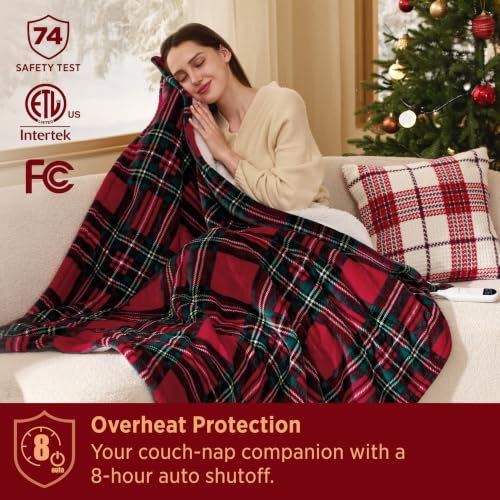 Image of Bedsure Red Plaid Electric Blanket Twin Size, Flannel Sherpa Heated Blanket