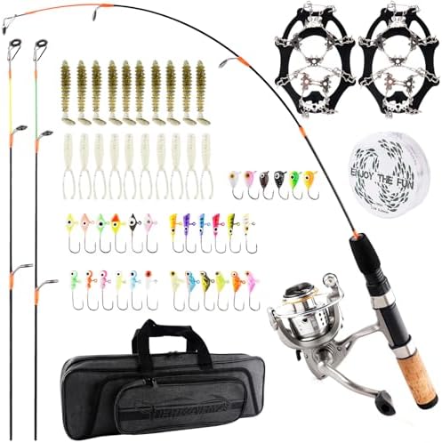 Hikary Ice Fishing Rod and Reel Combo Set Carbon Portable Complete Kit with Tackle Bag Ice Jigs Ice Cleats Spinning Reels Line Lures Hooks Suitable for Beginners Winter