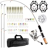 Hikary Ice Fishing Rod and Reel Combo Set Carbon Portable Complete Kit with Tackle Bag Ice Jigs Ice Cleats Spinning Reels Line Lures Hooks Suitable for Beginners Winter