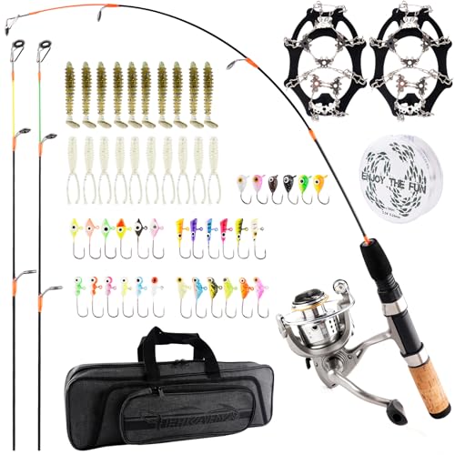 Hikary Ice Fishing Rod and Reel Combo Set Carbon Portable Complete Kit with Tackle Bag Ice Jigs Ice Cleats Spinning Reels Line Lures Hooks Suitable for Beginners Winter