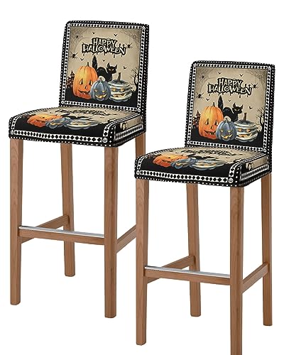 PIEPLE Halloween Bar Stool Cover Set of 2, Horror Cat Pumpkin Castle Black White Plaid Stretch Removable Bar Stool Chair Covers with Backs Pub Counter Stool Chair Slipcover for Dining Room Cafe