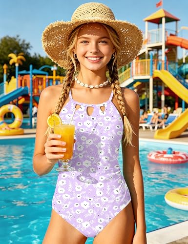 Image of KANGKANG Girls Swimsuit Quick Dry Cut Out One Piece Swimsuits with Tropical Print Cover Up Skirt Bathing Suit Swimwear 7-18Y