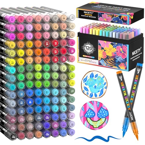 Tongfushop 120 Pennarelli Acrilici, Doppia Punta (Pennello e Punta Fine) Acrylic Marker, Atossici e Inodori ad Asciugatura Rapida per Decorare Sassi, Legno, Ceramica, Vetro | Ideale per Adulti e DIY