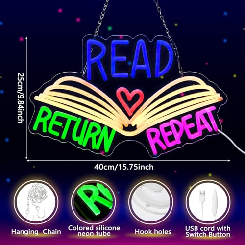 Image of Retisee 15.8 x 10 Inches Read Neon Sign Read Return Repeat Book USB Dimmable Neon LED Sign for School Library Reading Corner Classroom Wall Decor, Study Room Gifts Art for Book Lover