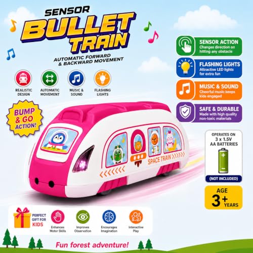 Image of Sensor Bullet Train Toy for Kids | Automatic Forward & Reverse Movement | Musical Train with Lights | Battery Operated Toy Train for Boys & Girls Age 3+ Years (Pink)