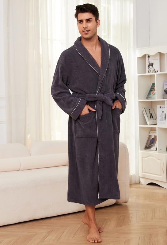 Vulcanodon Mens Shawl Collar Fleece Bathrobe, Soft Warm Long Sleeve Robe with Pockets Spa Robes for Men Cozy Sleepwear - Image 2