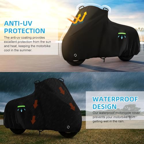 Image of Motorcycle Cover Waterproof for Cruiser Models /Softail Standard /Iron 883 /Heritage Classic 114 /Fat Boy 114, All Weather Sun Rain Outdoor Protection Motorbike Cover with Soft Cotton Lining & Storage Bag