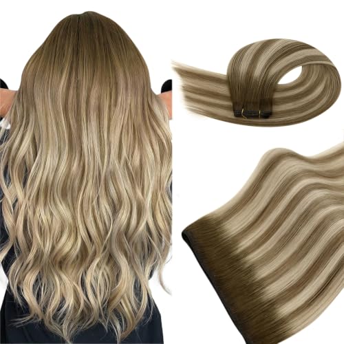 Image of Ugeat Weft Hair Extensions Human Hair, Human Hair Sew in Extensions 20 Inch 100g, Sew in Extensions Double Weft, Dark Brown Balayage Light Brown Mix Medium Blonde
