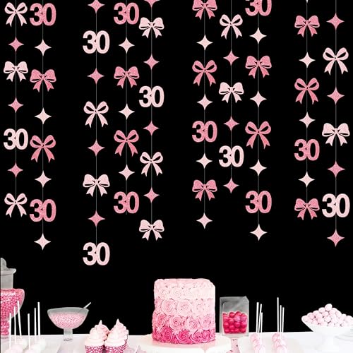 Image of Glitter Pink 30th Bow Birthday Decorations Hot Pink Conquette Bow Garland Streamer Banner Backdrop for Womens Happy 30th Birthday Dirty Thirty Cheers to 30 Years Old Anniversary Party Supplies