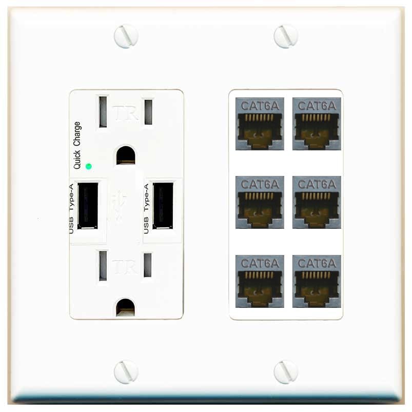 RiteAV - 6 Port Cat6A Ethernet Wall Plate - USB Outlet [White]