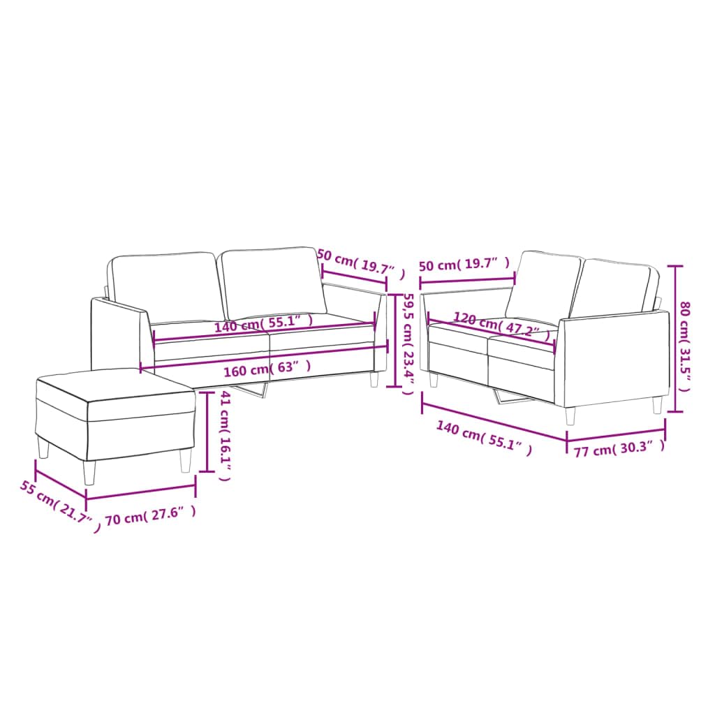 Canapé 3 Places Similicuir Crème avec Pouf, Structure Bois et Métal