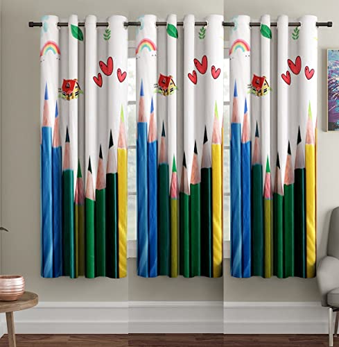 Image of 3D Pencil Colors Design Curtains for Kids Room, Window, Door Parde 4x5 feet Long Set of 3 pcs