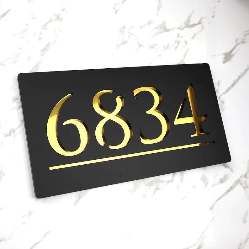 CHELNA Customized White & Mirror Gold Glossy Look Acrylic Name Plate with 2 Pieces of Stainless Steel Studs for Home Entrance, Office Door,Shop,Hotel Rooms, House Warming(12x8).