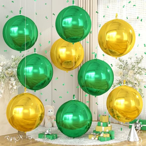Image of 9 Pcs Green Gold Round Foil Balloons,22 Inch Round Balloons | Green Gold Giant 4D Round Ball Balloons For Birthday Jungle Safari Graduation St Patrick's Day Decorations