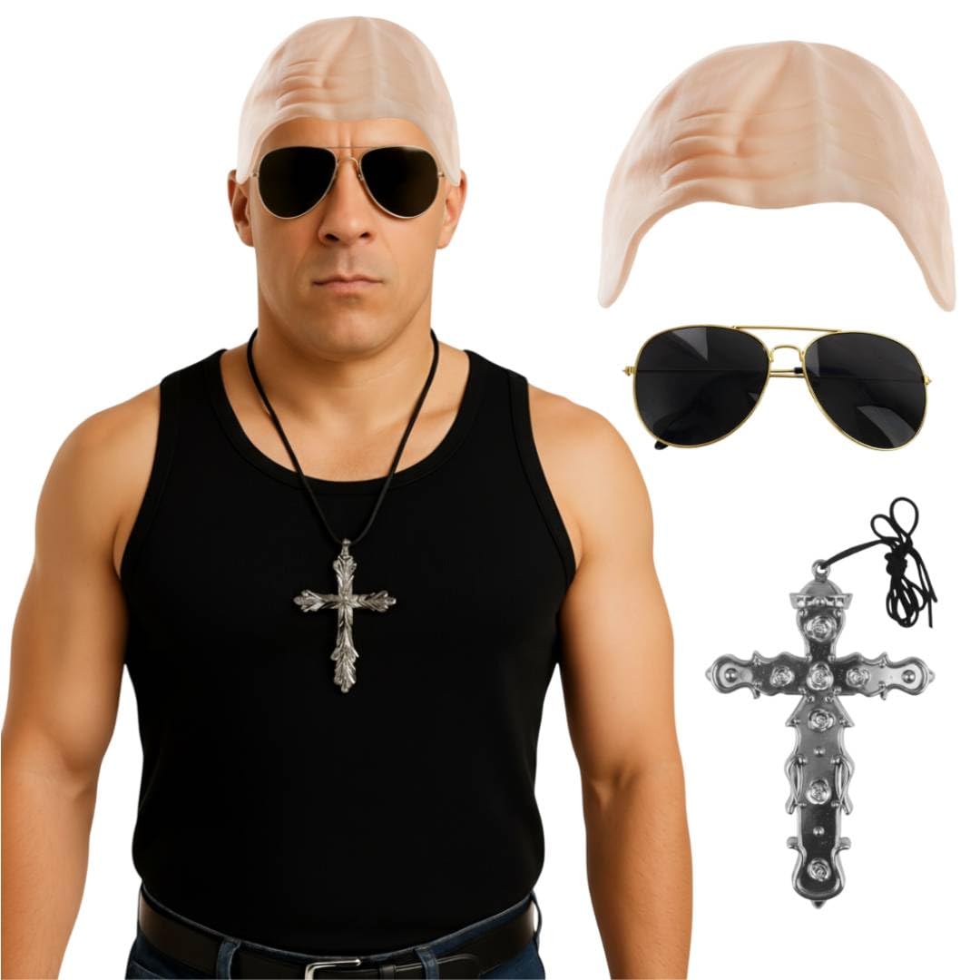 Diesel Man Racing Movie Character Fancy Dress Costume for Adults – Black Tank Top, Bald Cap, Aviator Sunglasses – Halloween Outfit