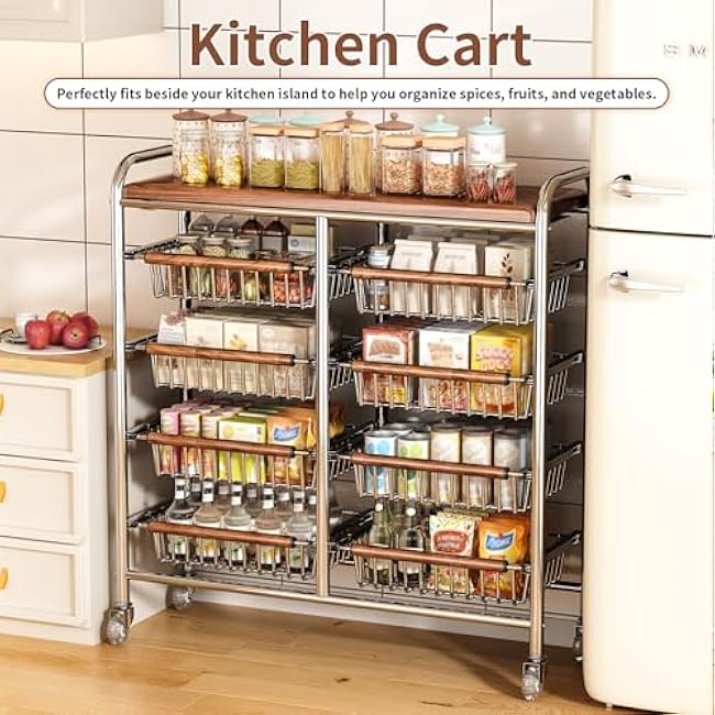 Rolling Organizer Cart with Wire Baskets, Kitchen and Pantry Snack Storage Rack, Metal Utility Shelf for Fruits, Vegetables, Bathroom, Laundry on Wheels 10-Tier-8E5C2cZh