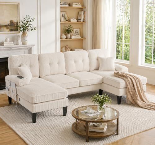 Kuczn Sofá modular en U de 4 plazas con chaiselongue doble, hecho de tela de pana suave, con acolchado cómodo, respaldo moderno y construcción robusta, perfecto para cualquier sala de estar