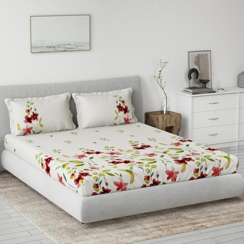 Image of DDECOR Live beautiful Cotton Queen Bed Sheet Set with 2 Pillow Covers (229 CM X 274 CM, Red) Digital Print Classical 145TC GSM