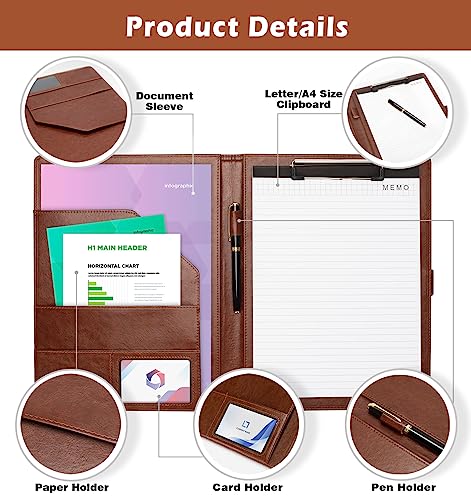 Clipboard Folder Padfolio, Business/Resume Portfolio Folder, Leather Padfolio Clipboard with Refillable Lined Notepad, Interview/Conference Document Portfolio Organizer for Women/Men (Brown) - Thumbnail 2
