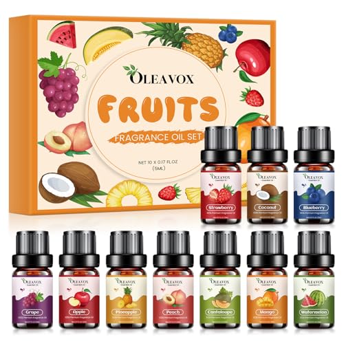 Fruity Essential Oils Gift Set Premium Fragrance Oil for Candle & Soap Making Coconut Strawberry Pineapple Mango Peach Apple 10x5ml Fruit Aromatherapy Diffuser Oils for Home