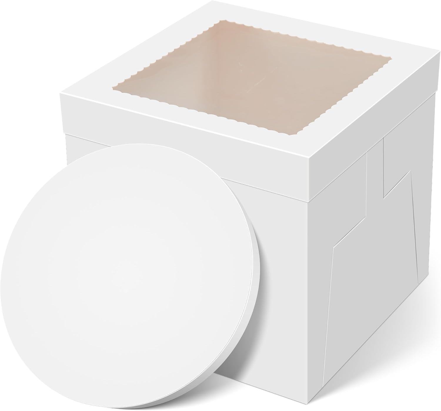Kootek 12 inch Cake Box with Board Drum Cake Transport Container, 12x12x12 | Tall Cake Box 12in with Drum, Thick Cardboard, Disposable, White Cake Holder with Large Window, for Birthday Wedding Party