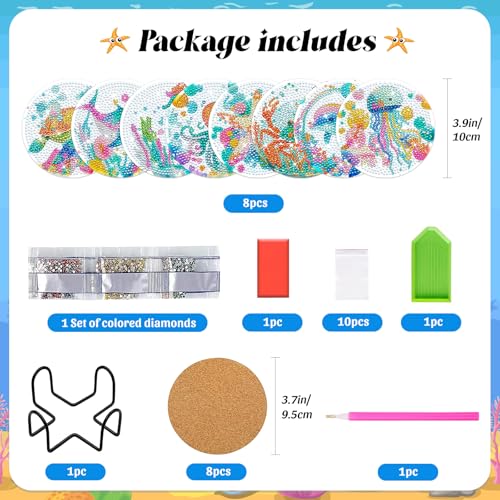 Image of ZTOTZ 8pcs Ocean Series Diamond Art Coasters Kit, Sea Animals Diamond Painting Coasters with Cork Pad, DIY Coaster Gem Art Kits for Adults Craft for Gift Festival (Turtles, Octopuses,Dolphins)
