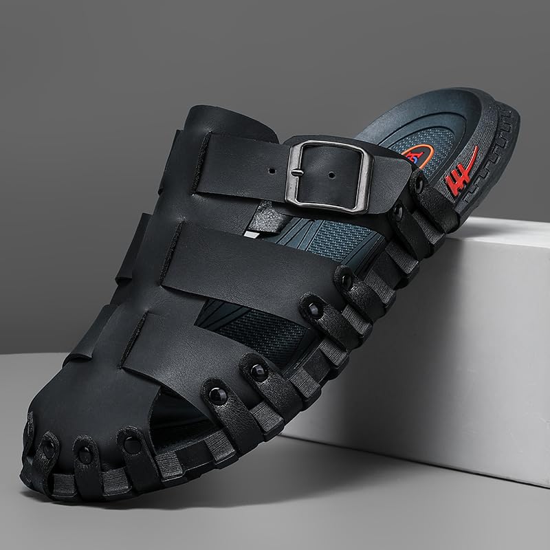 Image of Mens Leather Beach Slides Sandals For Men Closed Toe Hiking Outdoor Athletic Casual Walking Sandals Water Shoes Summer Fisherman