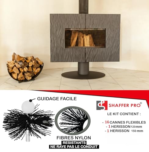 SHAFFER PRO - Kaminreinigungsset für Holz und Pellet, Kaminzubehör, Kamin Reinigung, Rauchfangkehrer Bürste, 9 m – Igel 120 mm 150 mm Easyflex – 16 flexible Schornsteinanlagen