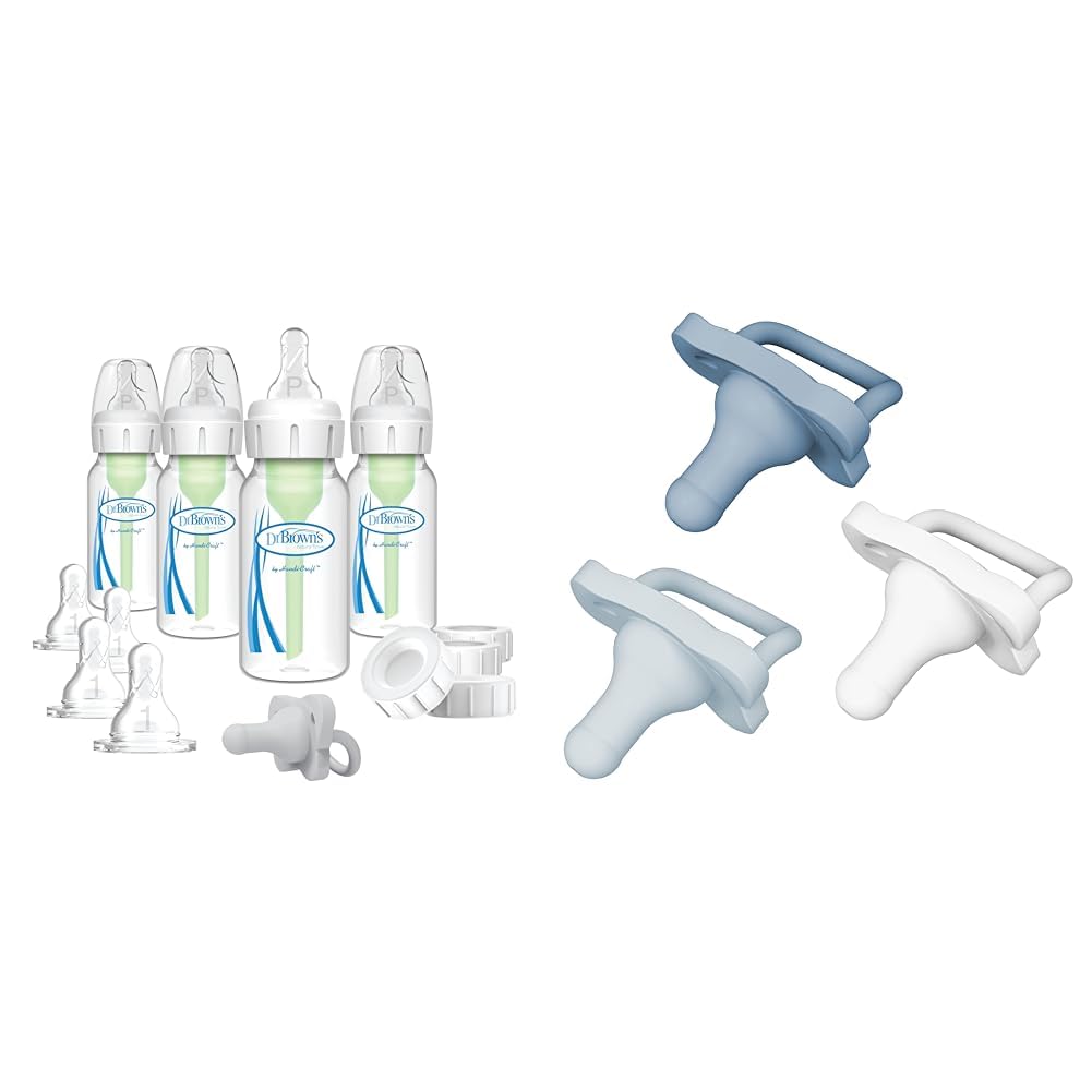 Dr. Brown's Anti-Colic Breast to Bottle Feeding Set with Slow Flow Nipples, Travel Caps & HappyPaci 100% Silicone Pacifier 0-6m, BPA Free, White, Blue, Light Blue, 3 Count (Pack of 1)