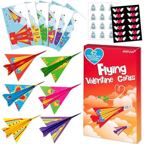 Valentines Cards for Kids Classroom: 42 Paper Airplane Cards + 42 Envelopes+ 132 Stickers Heart Crafts School Classroom Exchange Party Gift Favor Cover