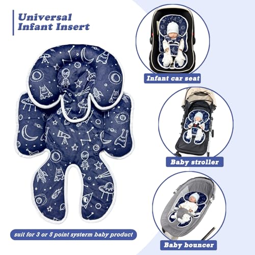 Image of Infant Car Seat Insert, 2 in 1 Carseat Head Neck Pillow for Newborn, Baby Carriage Pad with Strap Covers, Universal Seat Pad for Carseats, Stroller, Swings, Bouncer, Planet (Navy Blue)
