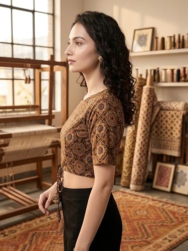 Image of Yash Gallery Women's Cotton Printed Blouse Round Neck Half Sleeve Crop Top Mandala Geometric Print Front Dori with Tassels Side Bobbin Elastic Stretch Fit Ethnic & Casual Wear