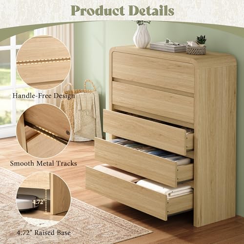 Image of 5 Drawer Dresser for Bedroom, 50 inch Tall Modern Chest of Drawers with Rounded Corners & Anti-Tip Kit, Wood Dresser Storage, Cabinet Organizer with Drawer Slides for Closet, Nursery, Apartment, Light Oak