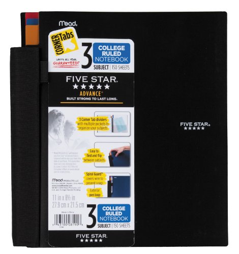 Cinco Star Advance cuaderno de espiral, 3-SUBJECT, 150 college-ruled hojas, 11 x 8,5 cm hoja Tamaño, Colores Surtidos  el color puede variar, 1 cada (08190)