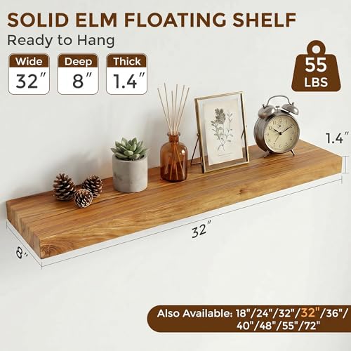 Image of Dreamland Rustic Elm Woood Floating Shelves for Wall Decor, 32 inch W x 8 inch D x 1.5 inch H Floating Shelves Set of 2, Wall Mounted Deep Wooden Shelf for Living Room, Bedroom, Kitchen, Bathroom, Natural