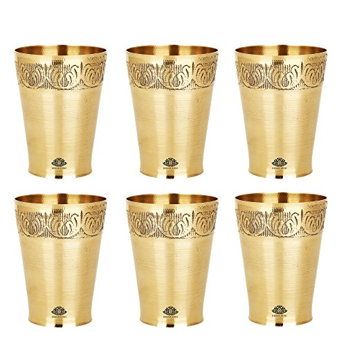 KESAR KUNJ Brass Traditional Drinkware & Serveware Glass Set of 6 (3.1 x 3.1 x 4.4 Inches, 350 ML)