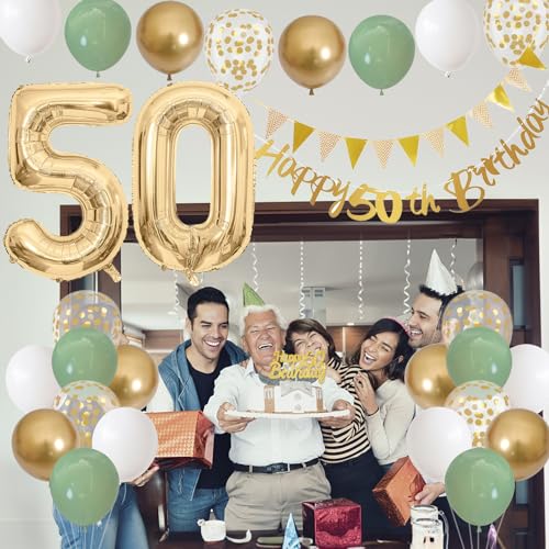 Image of 50th Birthday Decorations for Men Women, Sage Green White Gold Balloons with 50th Banner Number 50 Balloon for 50 Year Old Birthday Party Decor