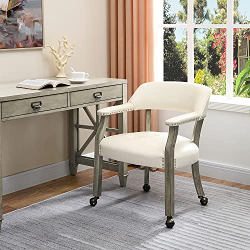 LEEMTORIG-Dining-Chairs-with-Casters-and-Arms-Accent-Kitchen-Table-Chairs-with-Wheels-Roller-Poker-Table-Chairs-Wooden-Game-Table-Chairs-Captains-Chair-Grey-Legs-Ivory-SY-1318-WT