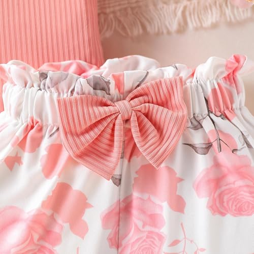 Image of Azmxynol Toddler Girls Clothes Cap Sleeve T-Shirt + Bowknot Print 2pcs Summer Shorts Outfit Set For Girls, Size 4-8 Years