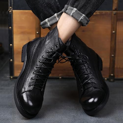 Men's Vintage Leather Lace Up Motorcycle Ankle Boots Fashion Round Toe Waterproof Non-Slip Casual Dress Chukka Boots High-Top Leather Combat Boots3
