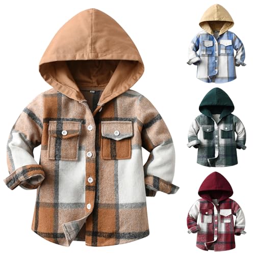 Winmany Little Boys Hooded Plaid Shirt Jacket Toddler Boys' Shacket Fall Spring Warm Lightweight Outerwear for 2-8 Years