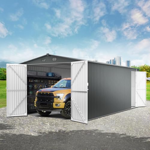 20 x 13 FT Outdoor Storage Shed Large Metal Garden Shed with 2 Lockable Doors Tool Shed Outdoor Storage with 4 Air Vents Garage Shed Waterproof for Car Truck Bike Garbage Can Tool Dark Gray