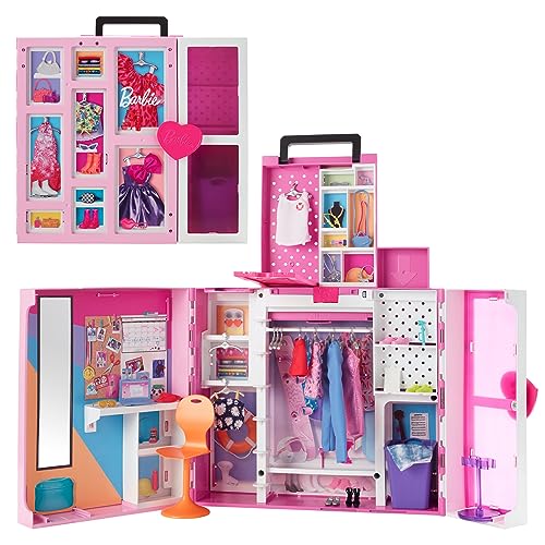 Barbie - Armadio dei Sogni, playset largo 60cm con 15 aree per riporre gli accessori, include specchio, scivolo per biancheria e 35 outifit per creare 400 look, giocattolo per bambini, 3+ anni, HBV28